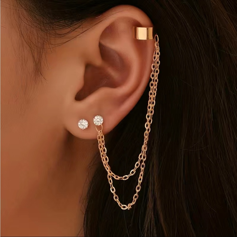 90’s style 2 piece sim. diamond stud & cuff with chain earring set gold new NWT